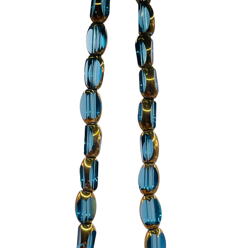 6x3mm Oval Glass Crystal Gold Edge Med. Aquamarine